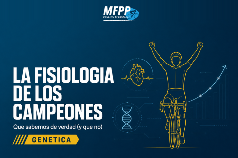 Silueta de un ciclista celebrando una victoria con iconos de fisiología alrededor
