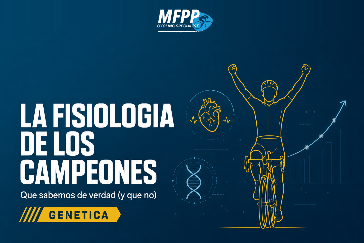 Silueta de un ciclista celebrando una victoria con iconos de fisiología alrededor