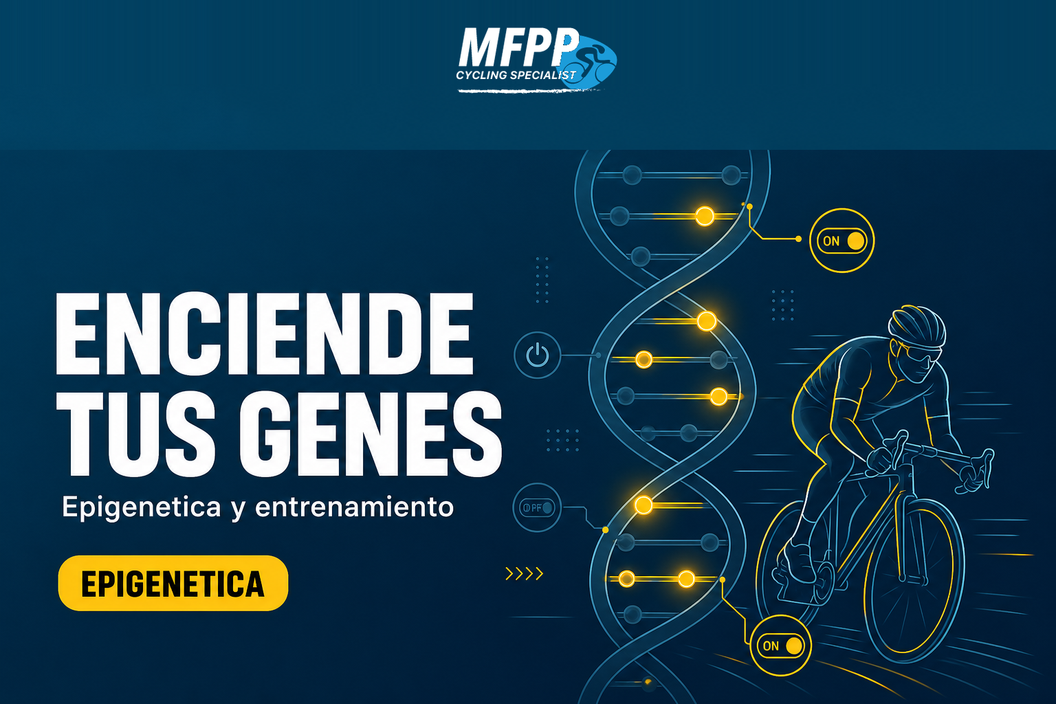 Hélice de ADN con interruptores encendidos y apagados representando la epigenética en el deporte