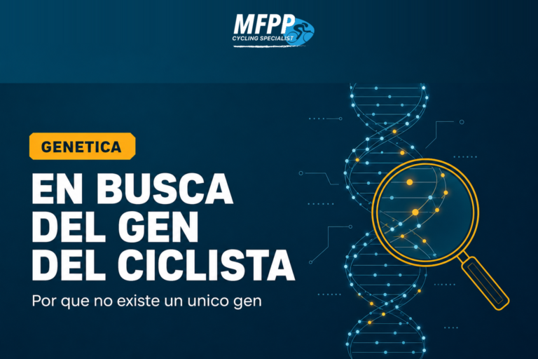 Doble hélice de ADN con una lupa, representando la búsqueda de los genes del rendimiento en ciclismo