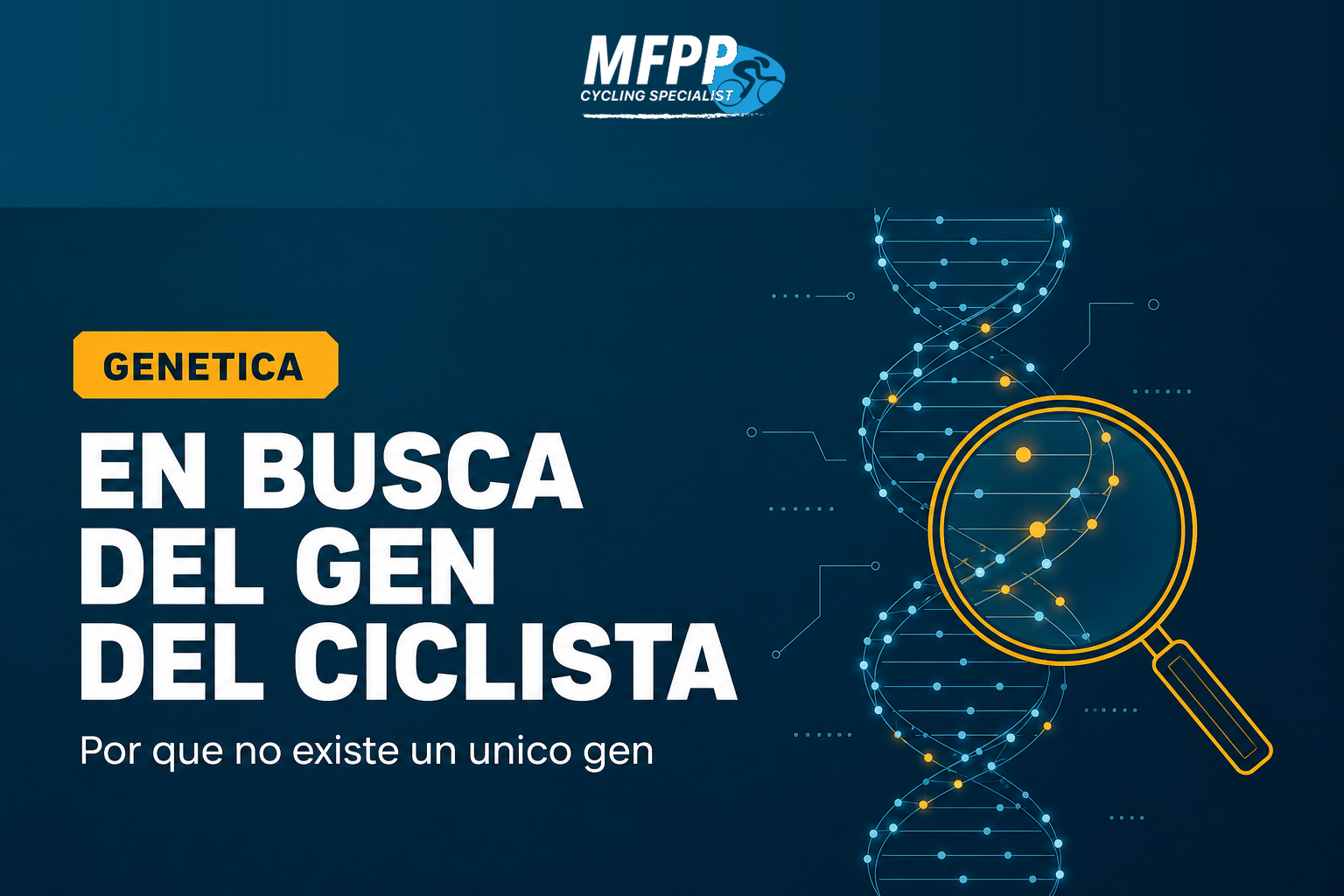 Doble hélice de ADN con una lupa, representando la búsqueda de los genes del rendimiento en ciclismo
