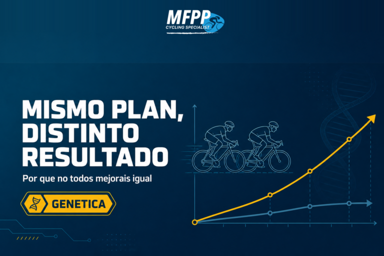 Dos ciclistas entrenando juntos con curvas de progreso distintas representando la respuesta individual al entrenamiento