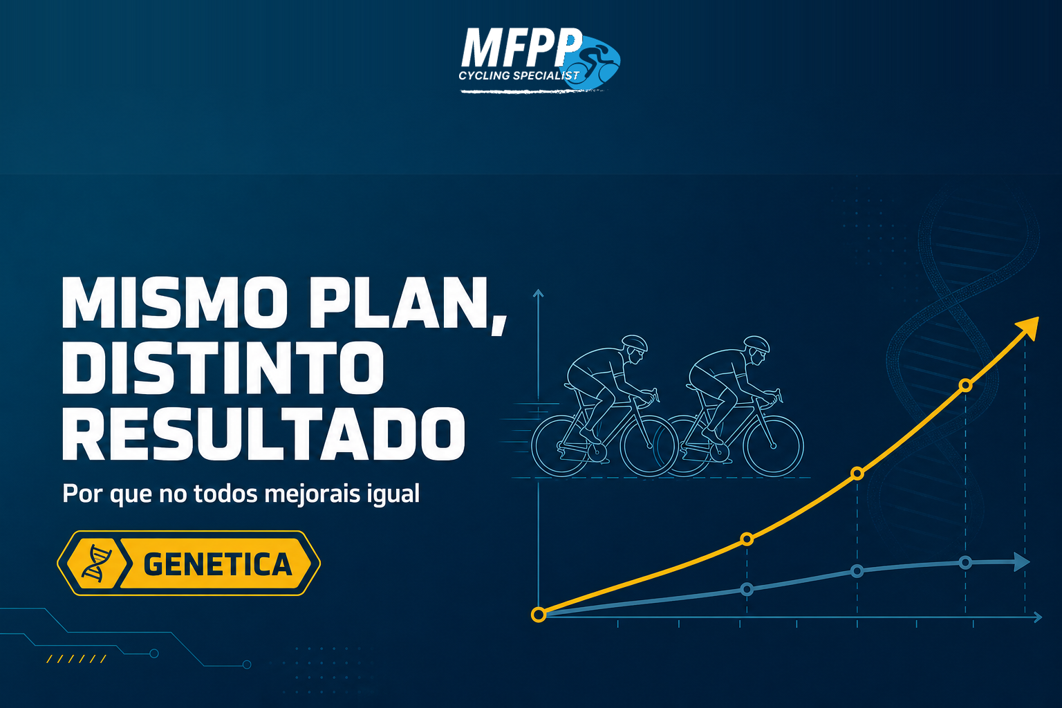 Dos ciclistas entrenando juntos con curvas de progreso distintas representando la respuesta individual al entrenamiento