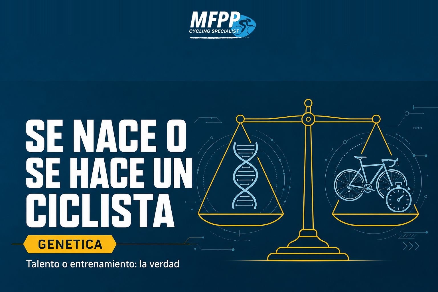 Una balanza que equilibra el ADN y una bicicleta, representando genética y entrenamiento