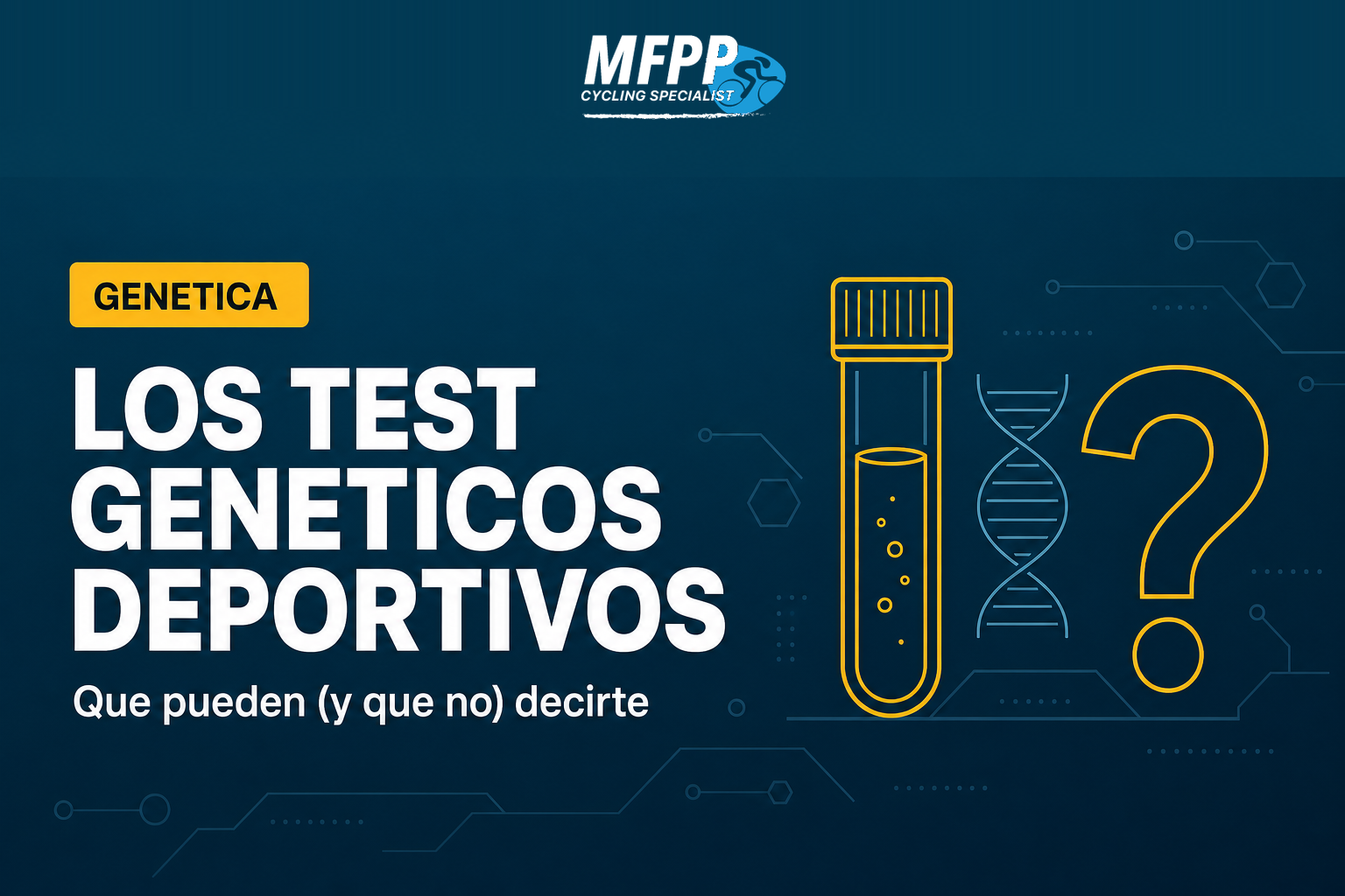 Tubo de muestra de saliva junto a una hélice de ADN, representando un test genético deportivo