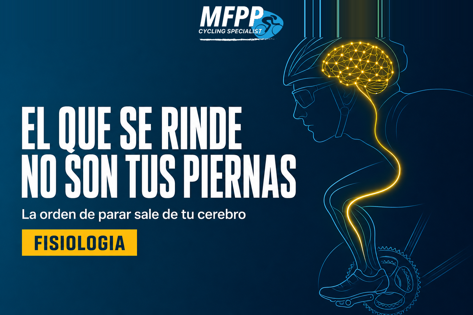 Silueta de una cabeza de ciclista en líneas azules con circuitos amarillos saliendo hacia una pierna que pedalea