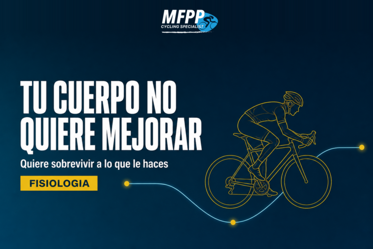 Ciclista en line-art y una línea que representa el equilibrio del cuerpo rompiéndose y recuperándose más alto, símbolo de la adaptación al entrenamiento