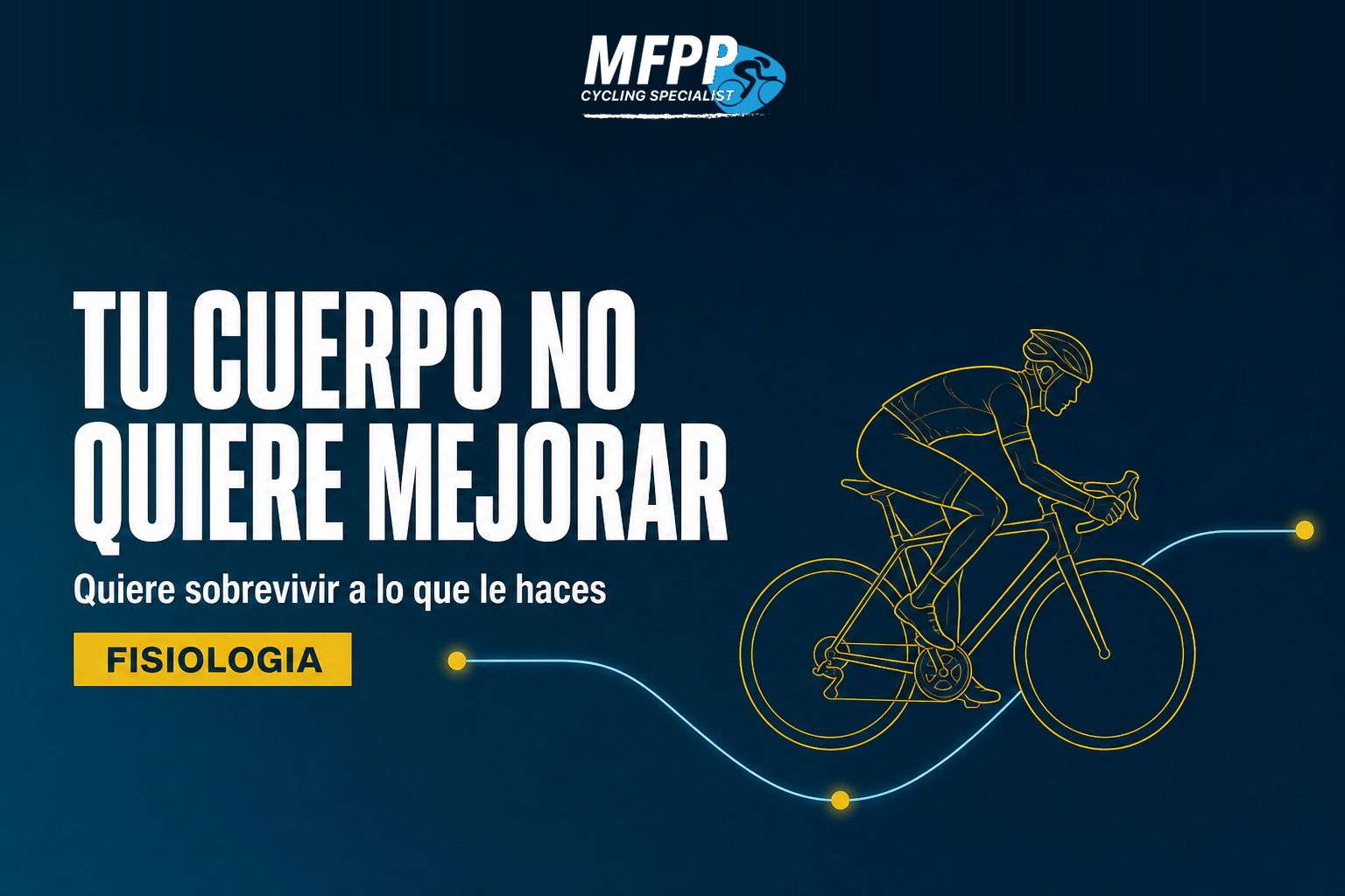 Ciclista en line-art y una línea que representa el equilibrio del cuerpo rompiéndose y recuperándose más alto, símbolo de la adaptación al entrenamiento