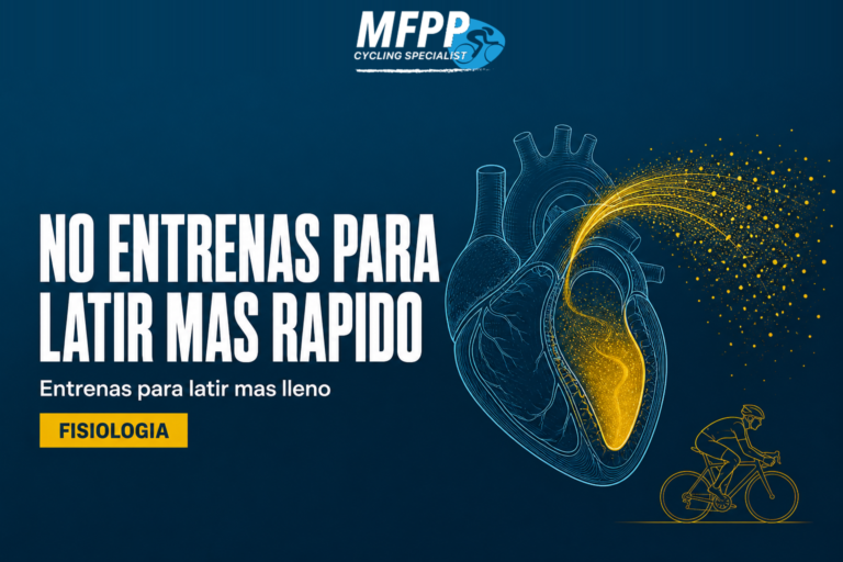 Corazón dibujado en líneas azules con la cavidad del ventrículo izquierdo llena de amarillo y un chorro de partículas saliendo, junto a un ciclista en line-art